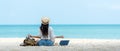 Lifestyle freelance woman relax and sitting meditation on the beach.ÃÂ  Royalty Free Stock Photo